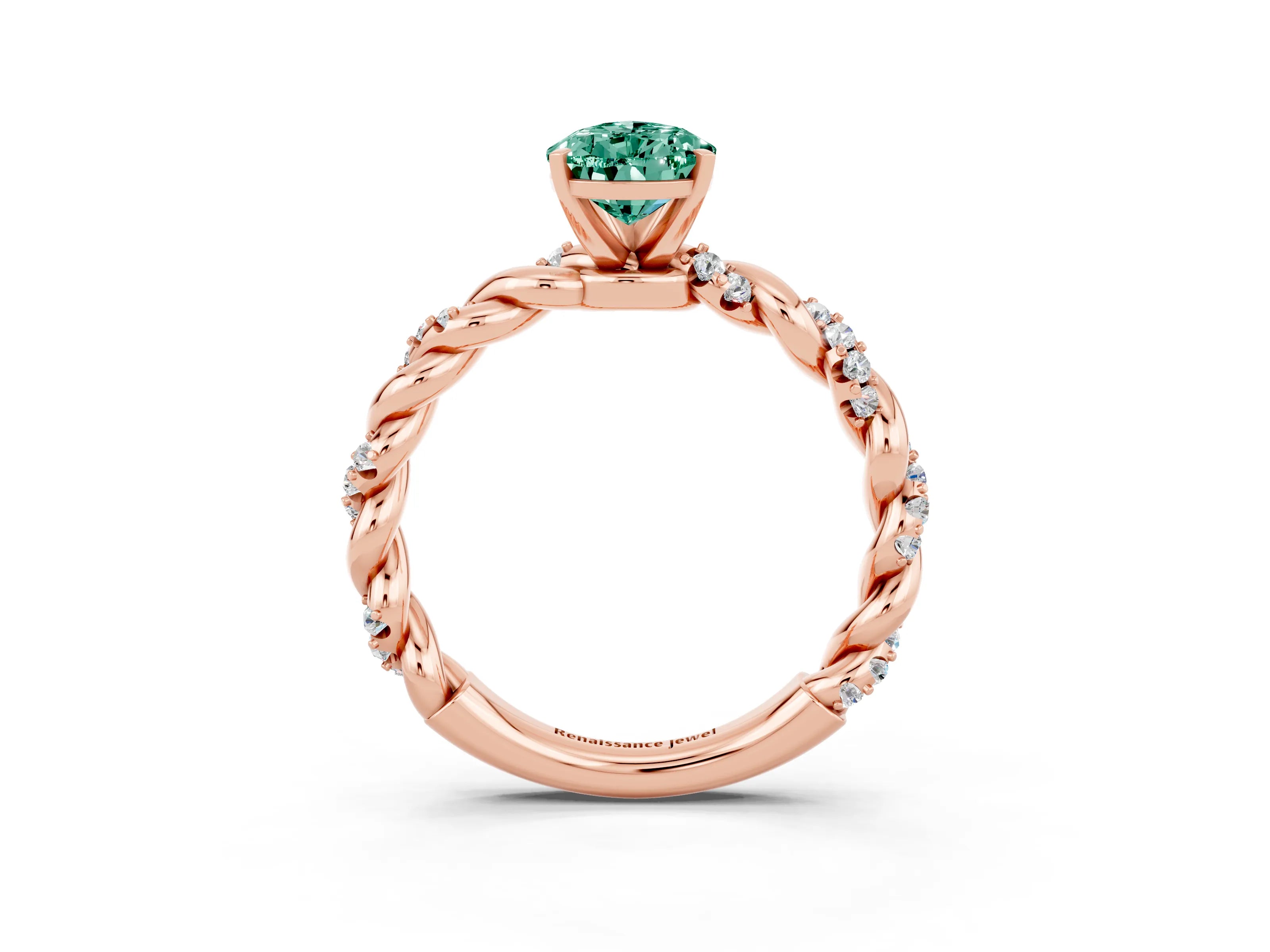 Rose gold Pear Cut Green Sapphire Solitaire Ring with Twisted Band and Pavé Accents_3