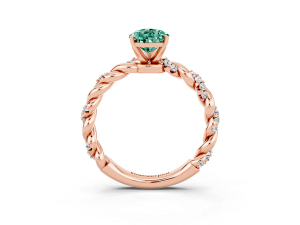 Rose gold Pear Cut Green Sapphire Solitaire Ring with Twisted Band and Pavé Accents