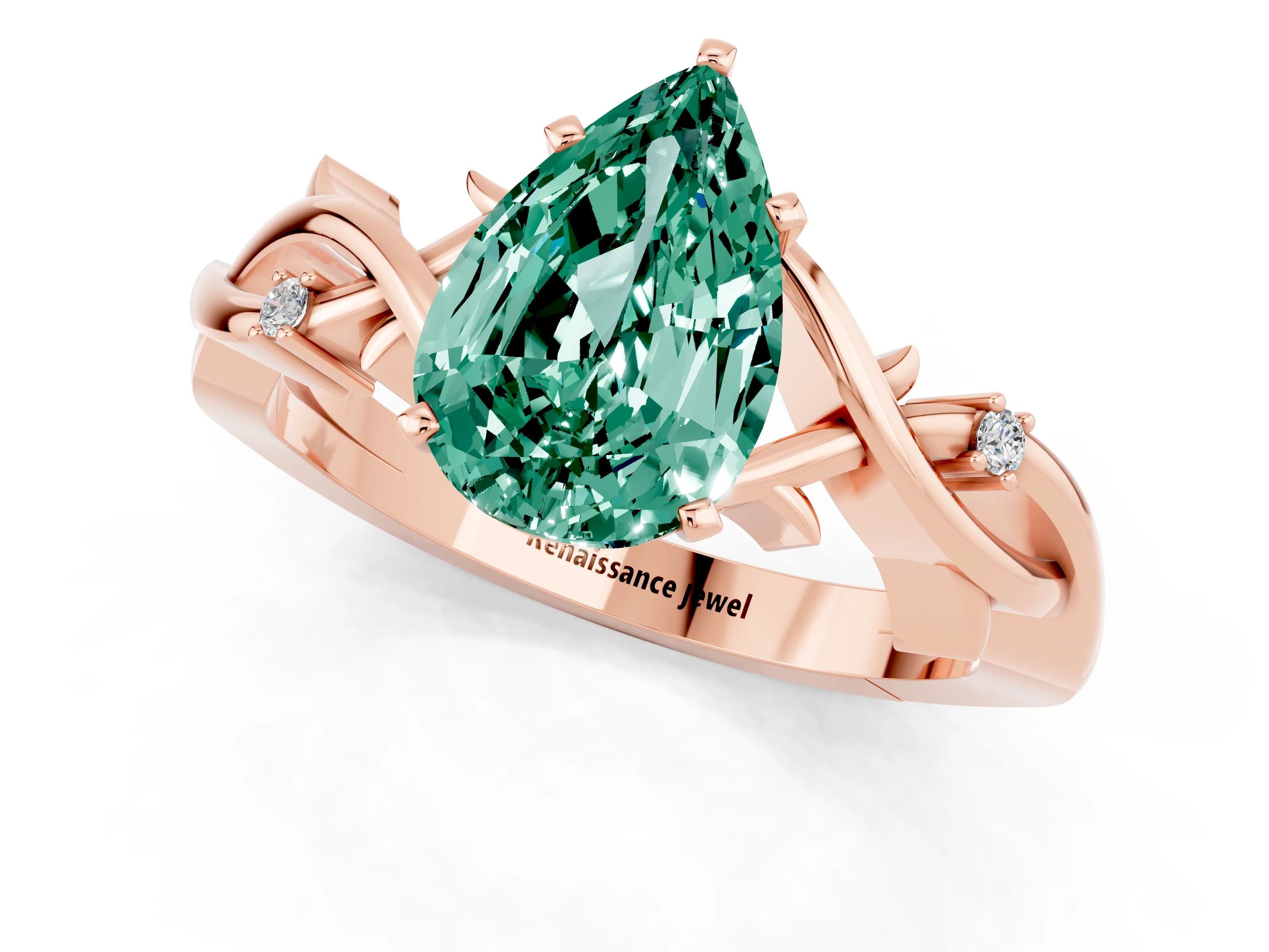 Rose gold Pear Cut Green Sapphire Solitaire Ring with Twisted Band and Prong Setting_1
