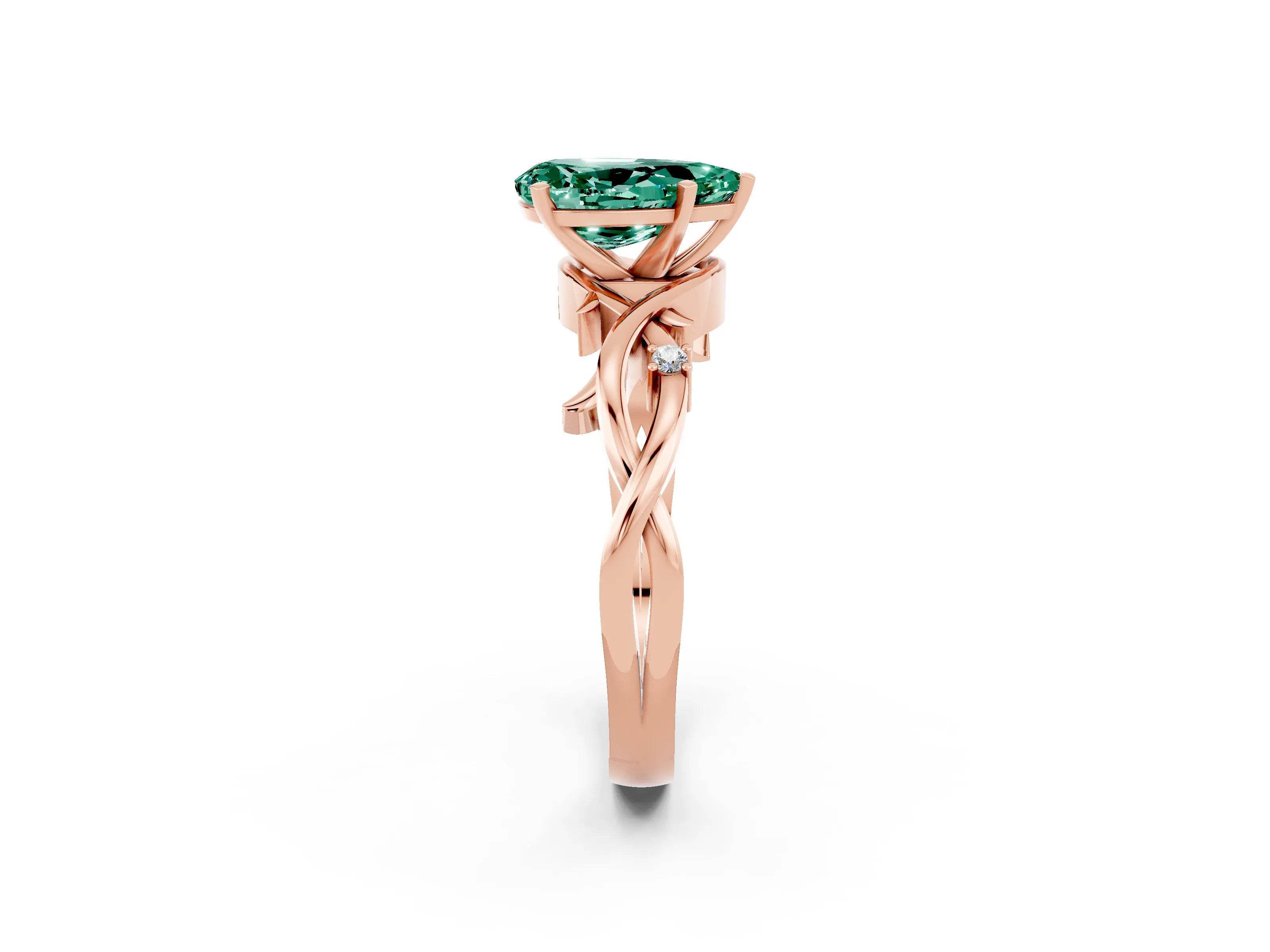 Rose gold Pear Cut Green Sapphire Solitaire Ring with Twisted Band and Prong Setting_2