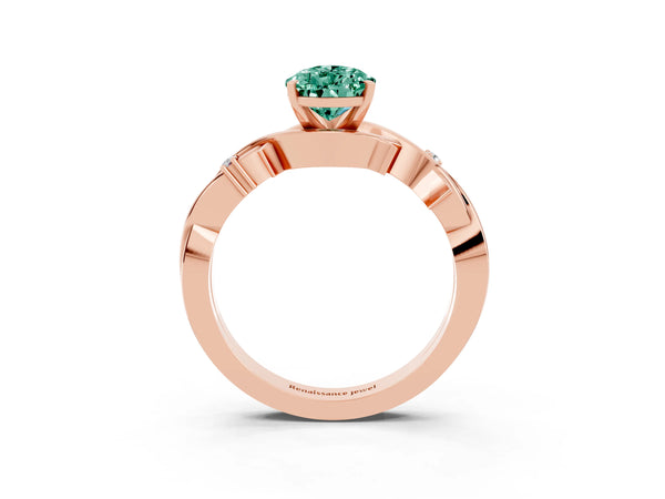 Rose gold Pear Cut Green Sapphire Solitaire Ring with Twisted Band and Prong Setting