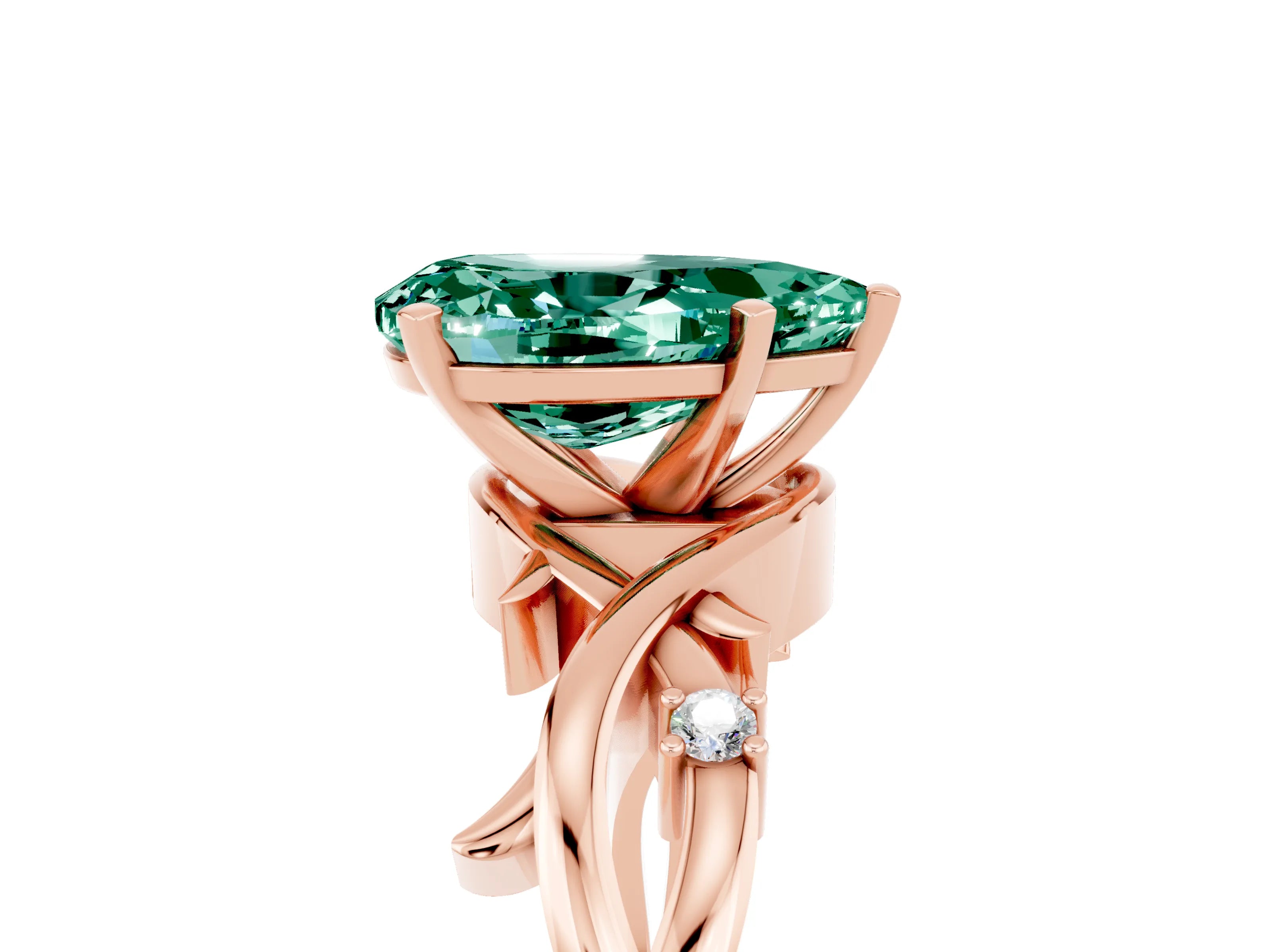 Rose gold Pear Cut Green Sapphire Solitaire Ring with Twisted Band and Prong Setting_5
