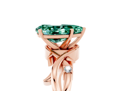 Rose gold Pear Cut Green Sapphire Solitaire Ring with Twisted Band and Prong Setting_5