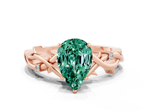 Rose gold Pear Cut Green Sapphire Solitaire Ring with Twisted Band and Prong Setting