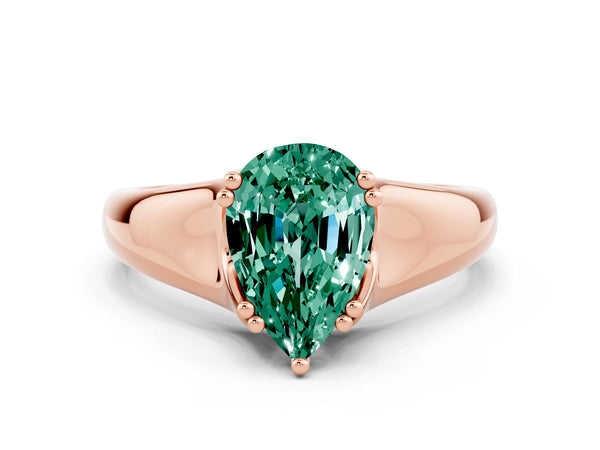 Rose gold Pear Cut Green Sapphire Solitaire Ring with Wide Band and Prong Setting