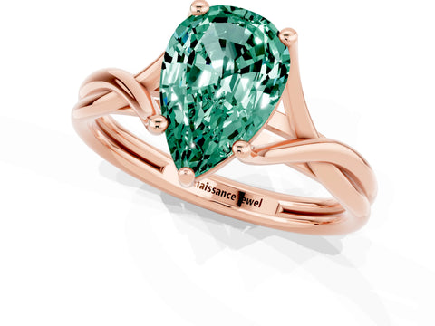Rose gold Pear Cut Green Sapphire Solitaire Twist Band Prong Setting Ring_49