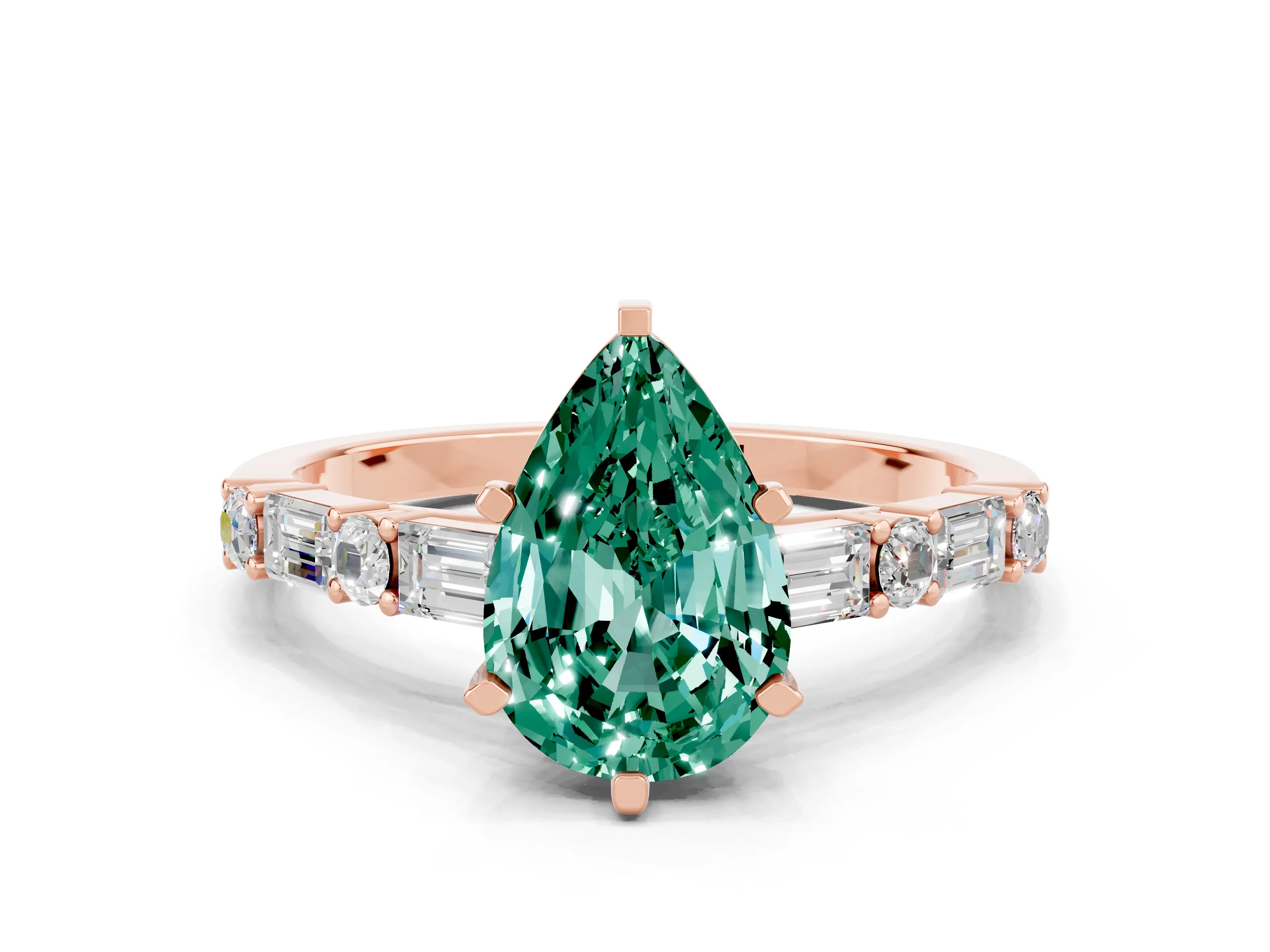 Rose gold Pear Cut Green Sapphire Solitaire with Side Baguettes and Channel Set Band