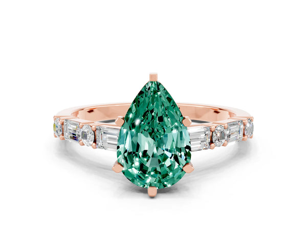 Rose gold Pear Cut Green Sapphire Solitaire with Side Baguettes and Channel Set Band