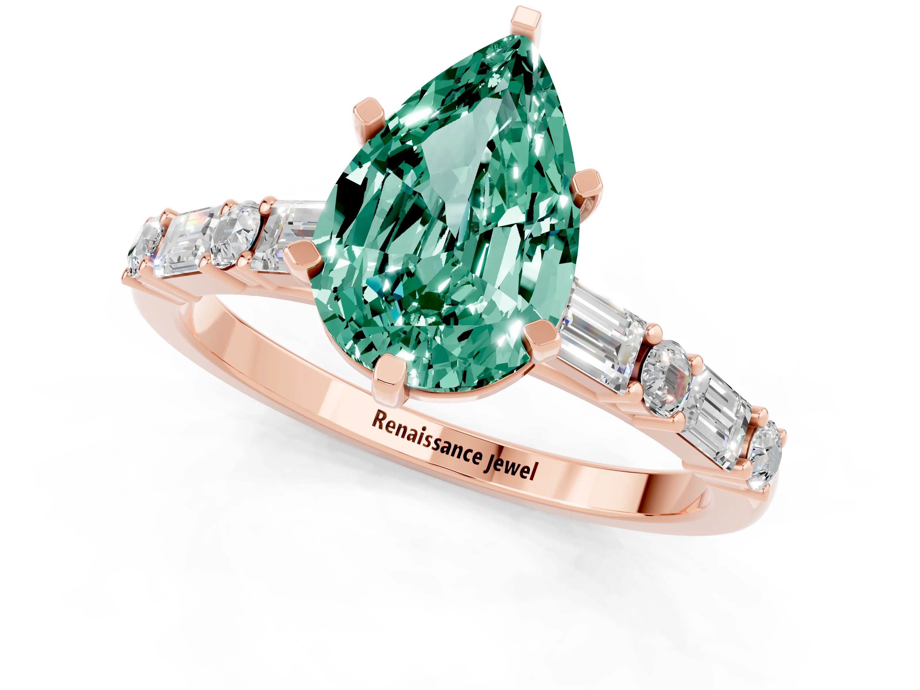 Rose gold Pear Cut Green Sapphire Solitaire with Side Baguettes and Channel Set Band_1