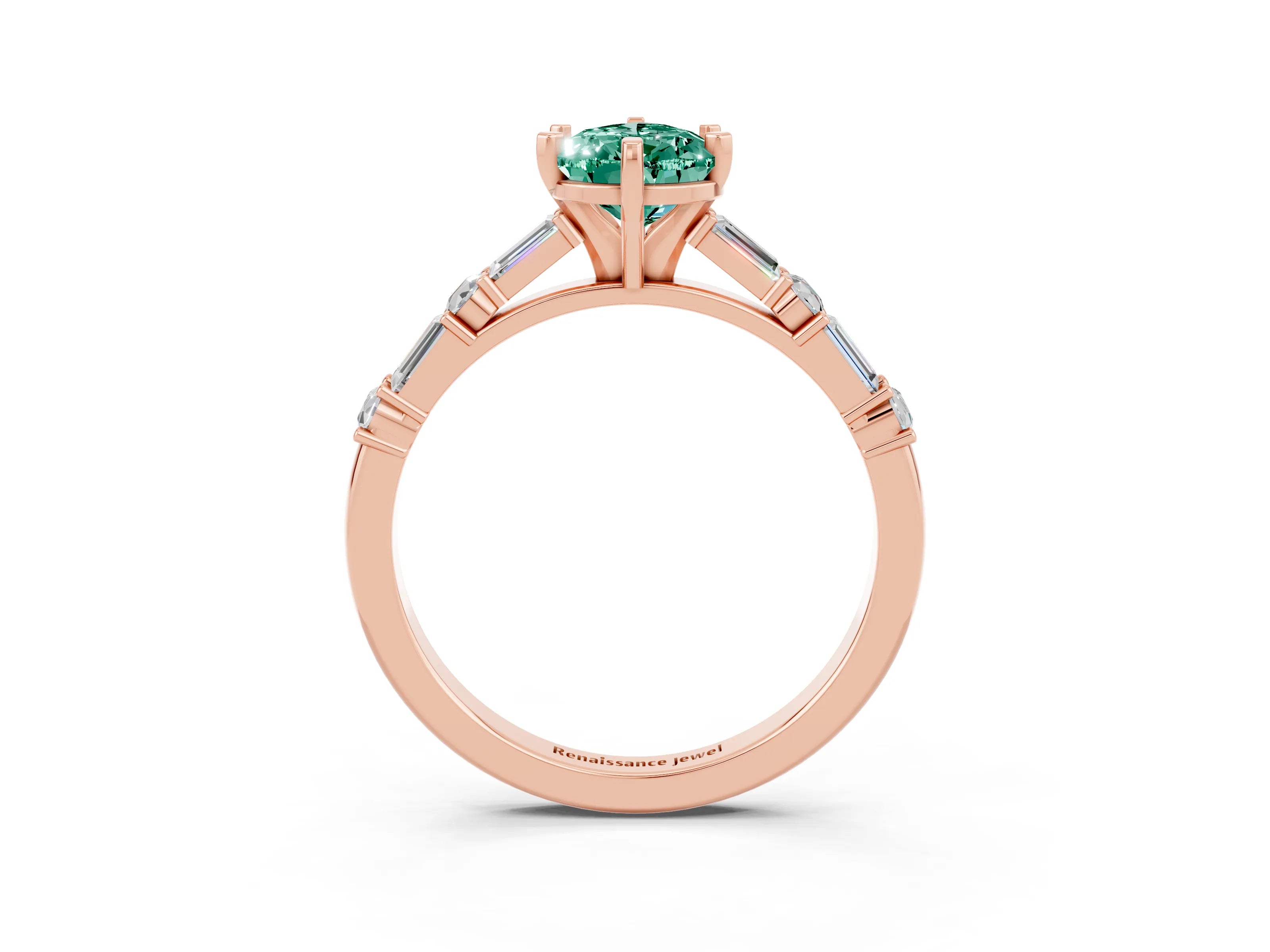 Rose gold Pear Cut Green Sapphire Solitaire with Side Baguettes and Channel Set Band_3