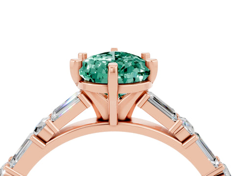 Rose gold Pear Cut Green Sapphire Solitaire with Side Baguettes and Channel Set Band_4