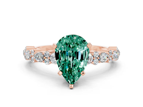 Rose gold Pear Cut Green Sapphire Solitaire with Side Stones, Pave Band, Four-Prong Setting_12