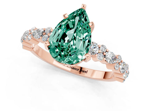 Rose gold Pear Cut Green Sapphire Solitaire with Side Stones, Pave Band, Four-Prong Setting_13
