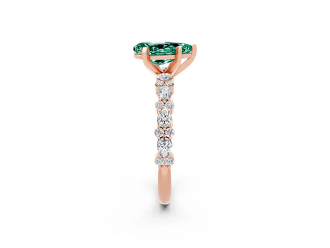 Rose gold Pear Cut Green Sapphire Solitaire with Side Stones, Pave Band, Four-Prong Setting_14