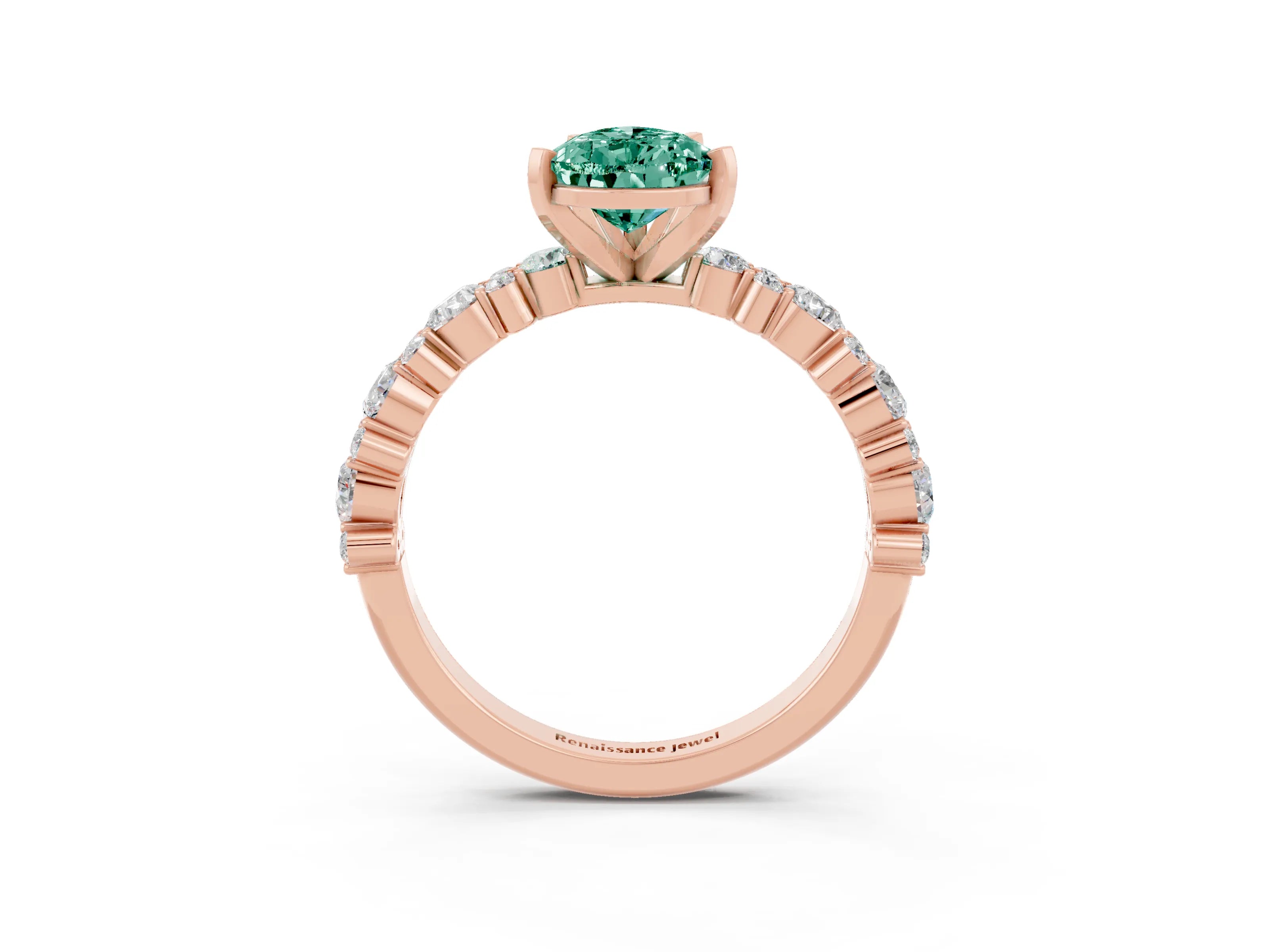 Rose gold Pear Cut Green Sapphire Solitaire with Side Stones, Pave Band, Four-Prong Setting_15