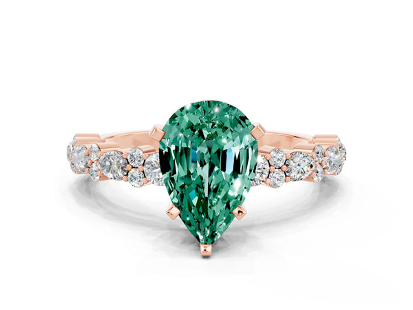 Rose gold Pear Cut Green Sapphire Side Stone Solitaire Ring with Round  and Four-Prong Setting