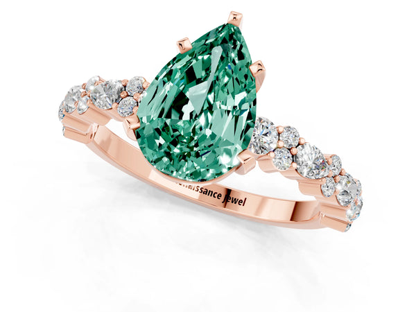 Rose gold Pear Cut Green Sapphire Side Stone Solitaire Ring with Round  and Four-Prong Setting