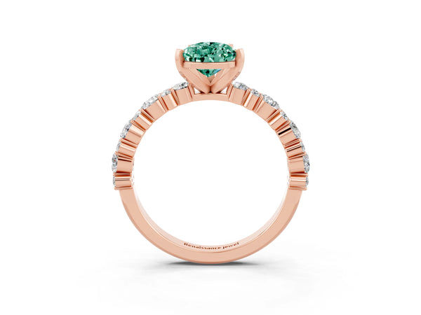 Rose gold Pear Cut Green Sapphire Side Stone Solitaire Ring with Round  and Four-Prong Setting