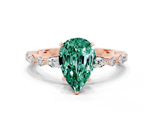 Rose gold Pear Cut Green Sapphire Ring with Marquise and Round  Side Stones and Four-Prong Setting