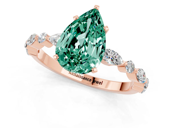 Rose gold Pear Cut Green Sapphire Ring with Marquise and Round  Side Stones and Four-Prong Setting