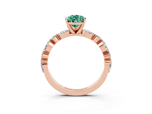 Rose gold Pear Cut Green Sapphire Ring with Marquise and Round  Side Stones and Four-Prong Setting