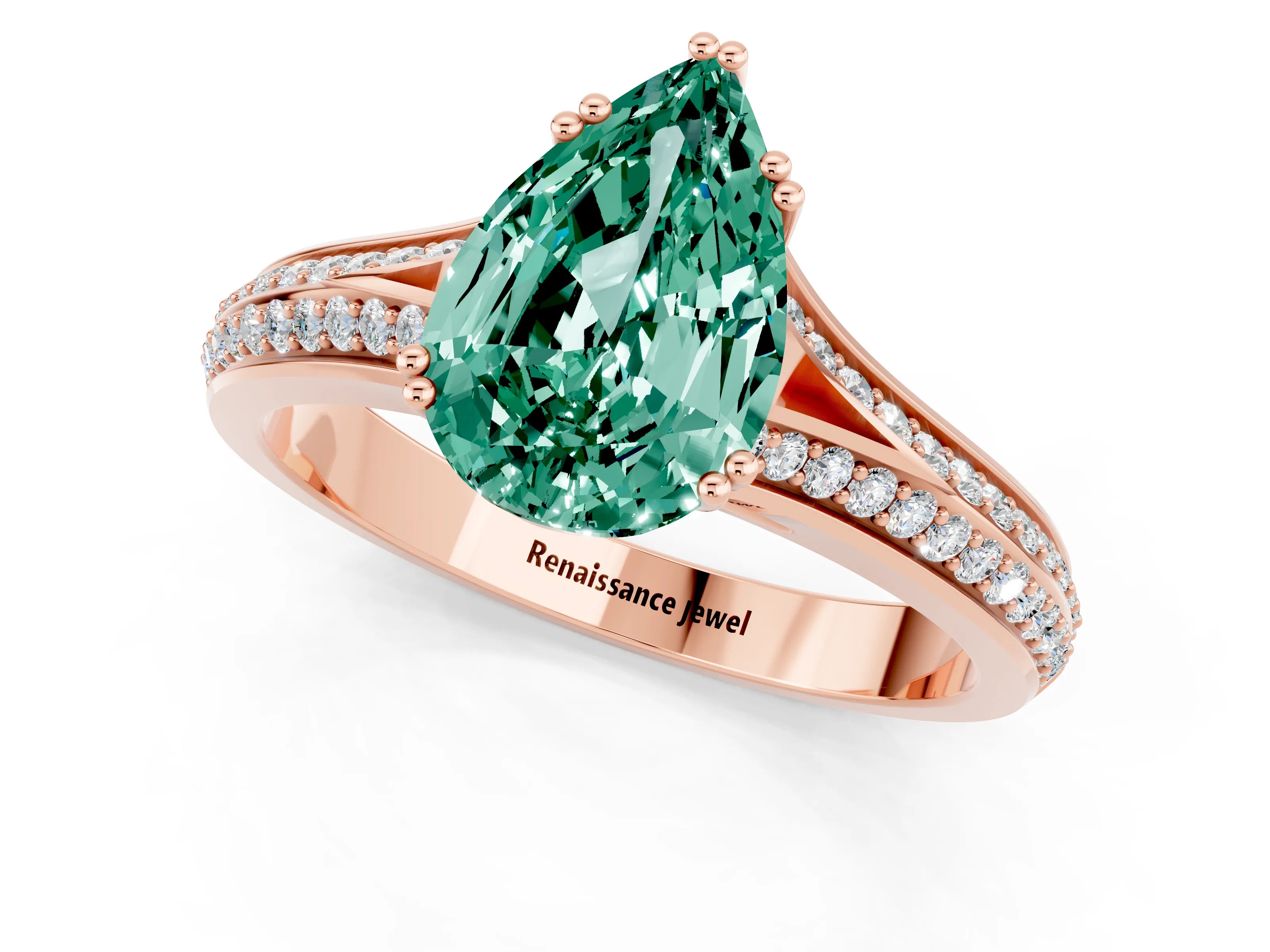 Rose gold Pear Cut Green Sapphire Split Shank Engagement Ring with Pavé Band_1