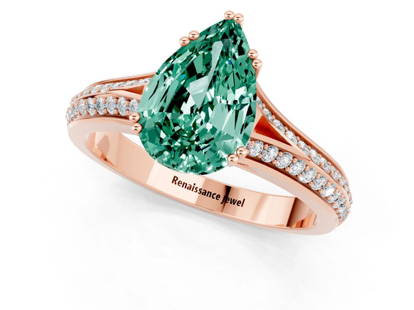 Rose gold Pear Cut Green Sapphire Split Shank Engagement Ring with Pavé Band