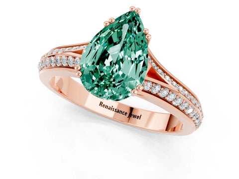 Rose gold Pear Cut Green Sapphire Split Shank Engagement Ring with Pavé Band_1