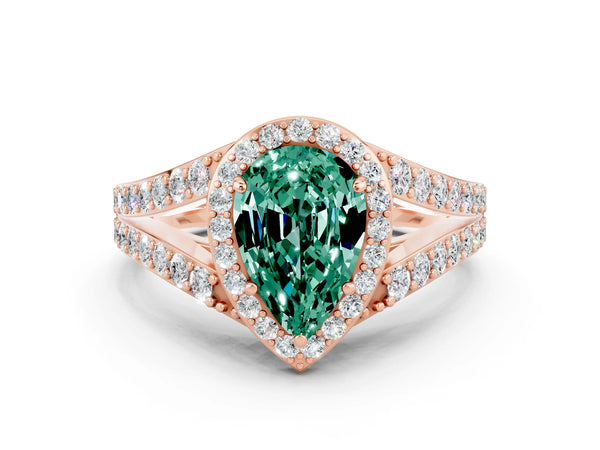 Rose gold Pear Cut Green Sapphire Split Shank Halo Ring with Four-Prong Setting