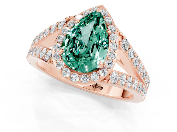 Rose gold Pear Cut Green Sapphire Split Shank Halo Ring with Four-Prong Setting