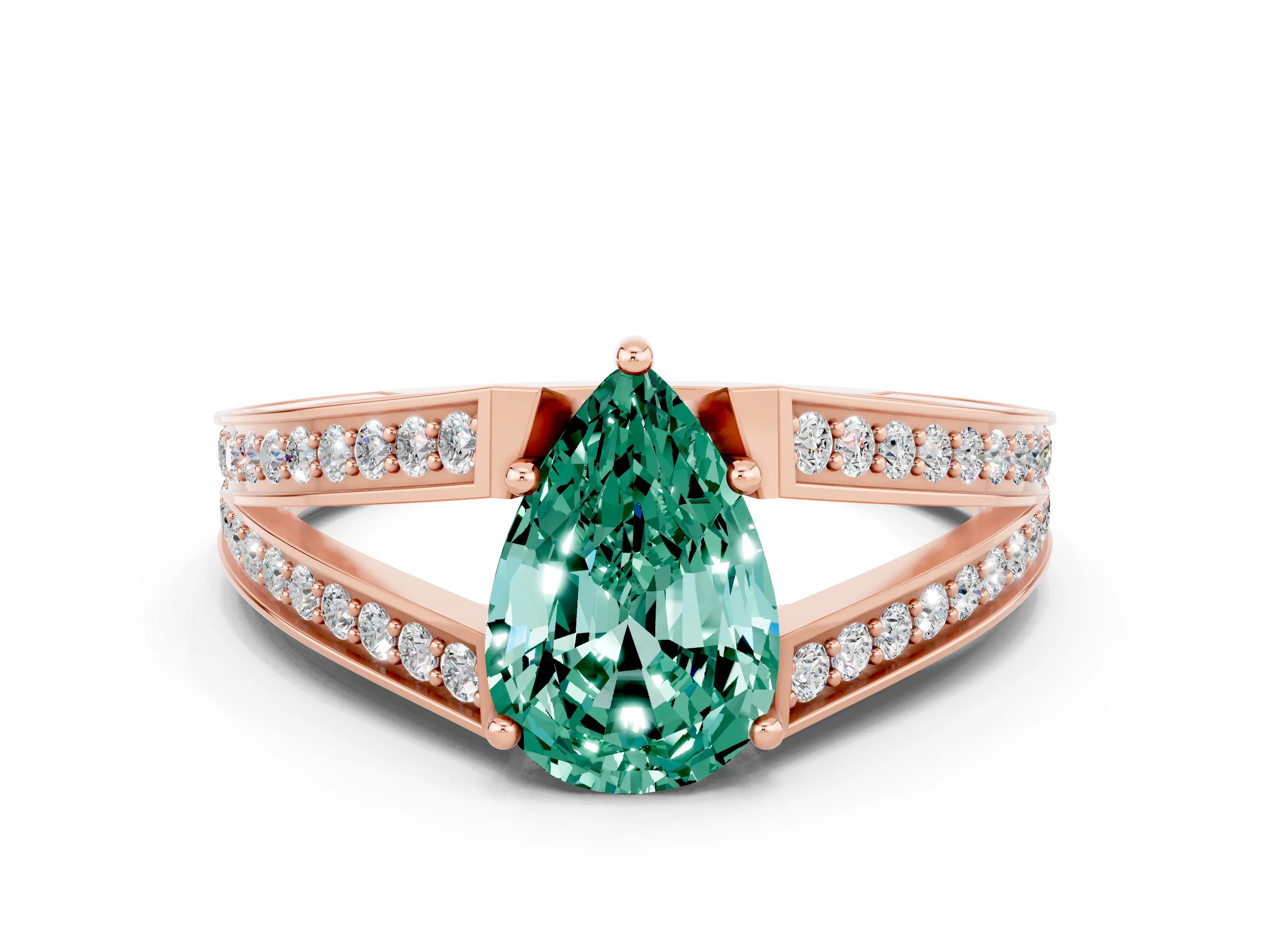 Rose gold Pear Cut Green Sapphire Split Shank Ring with Pavé Band and Four-Prong Setting