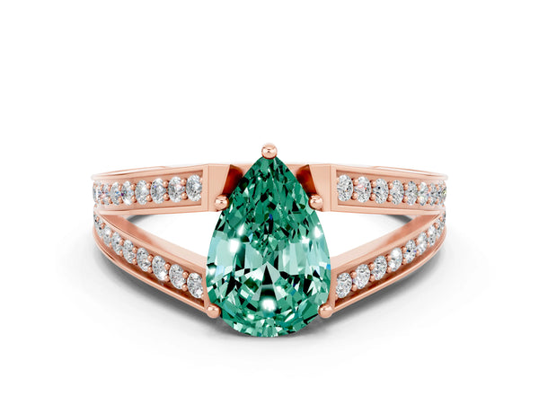 Rose gold Pear Cut Green Sapphire Split Shank Ring with Pavé Band and Four-Prong Setting