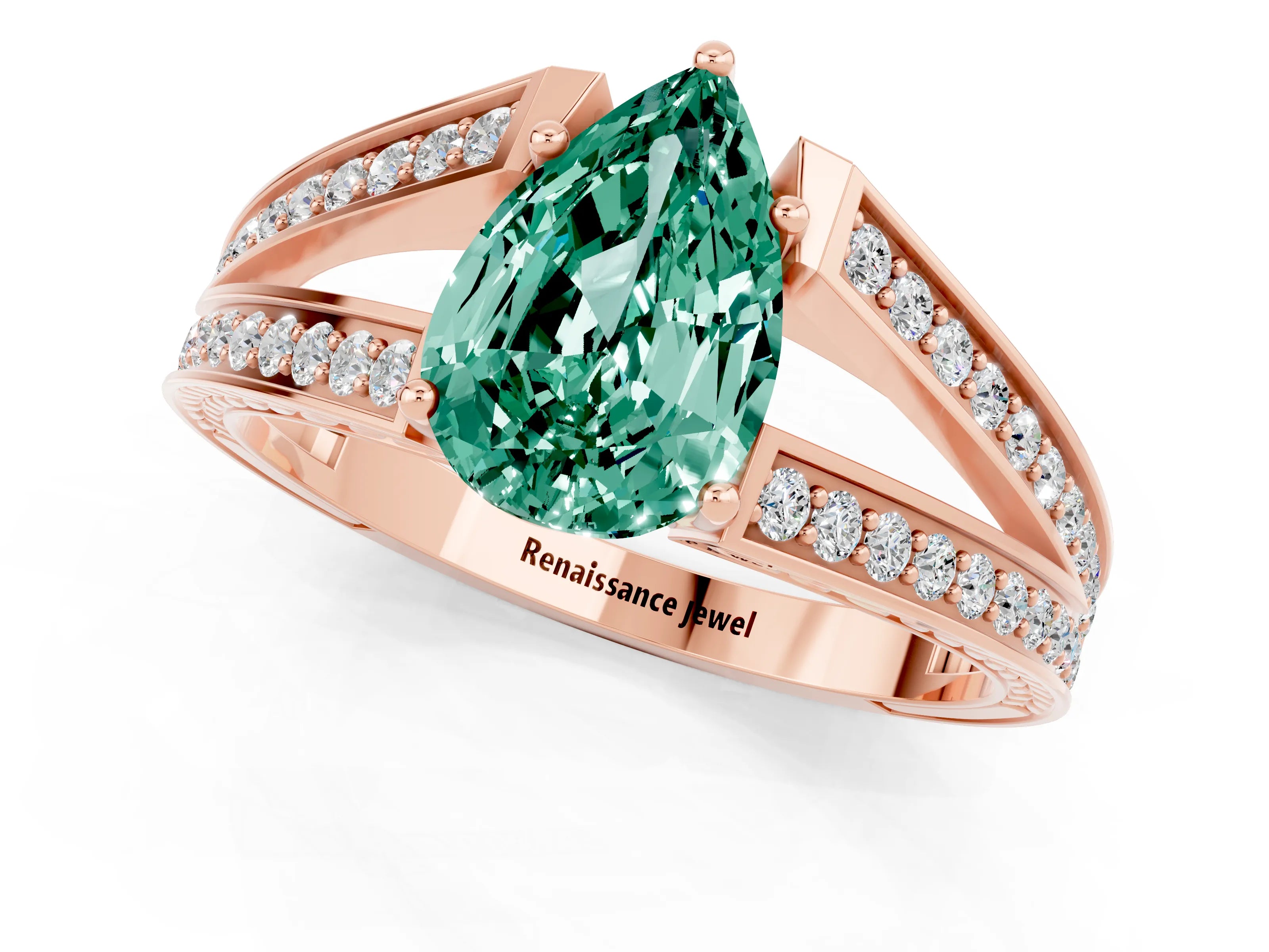 Rose gold Pear Cut Green Sapphire Split Shank Ring with Pavé Band and Four-Prong Setting_1