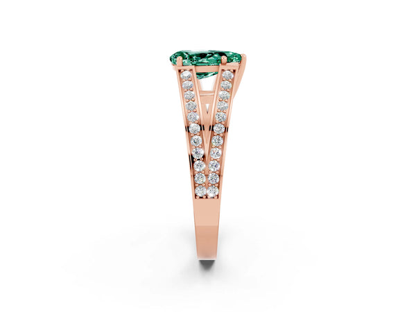 Rose gold Pear Cut Green Sapphire Split Shank Ring with Pavé Band and Four-Prong Setting