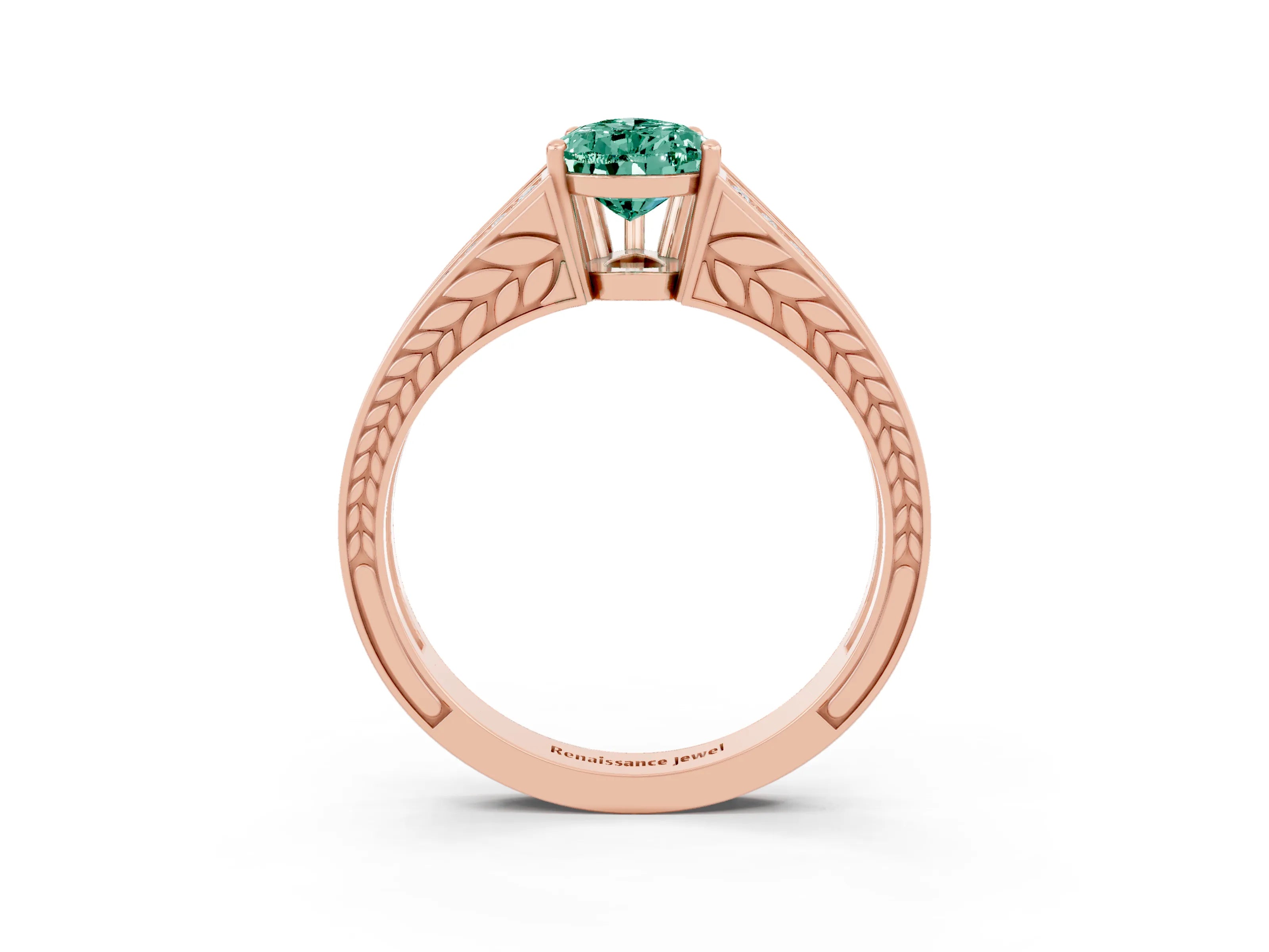 Rose gold Pear Cut Green Sapphire Split Shank Ring with Pavé Band and Four-Prong Setting_3