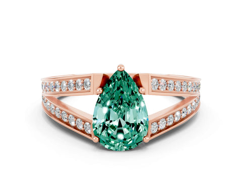Rose gold Pear Cut Green Sapphire Split Shank Ring with Pavé Band and Four-Prong Setting