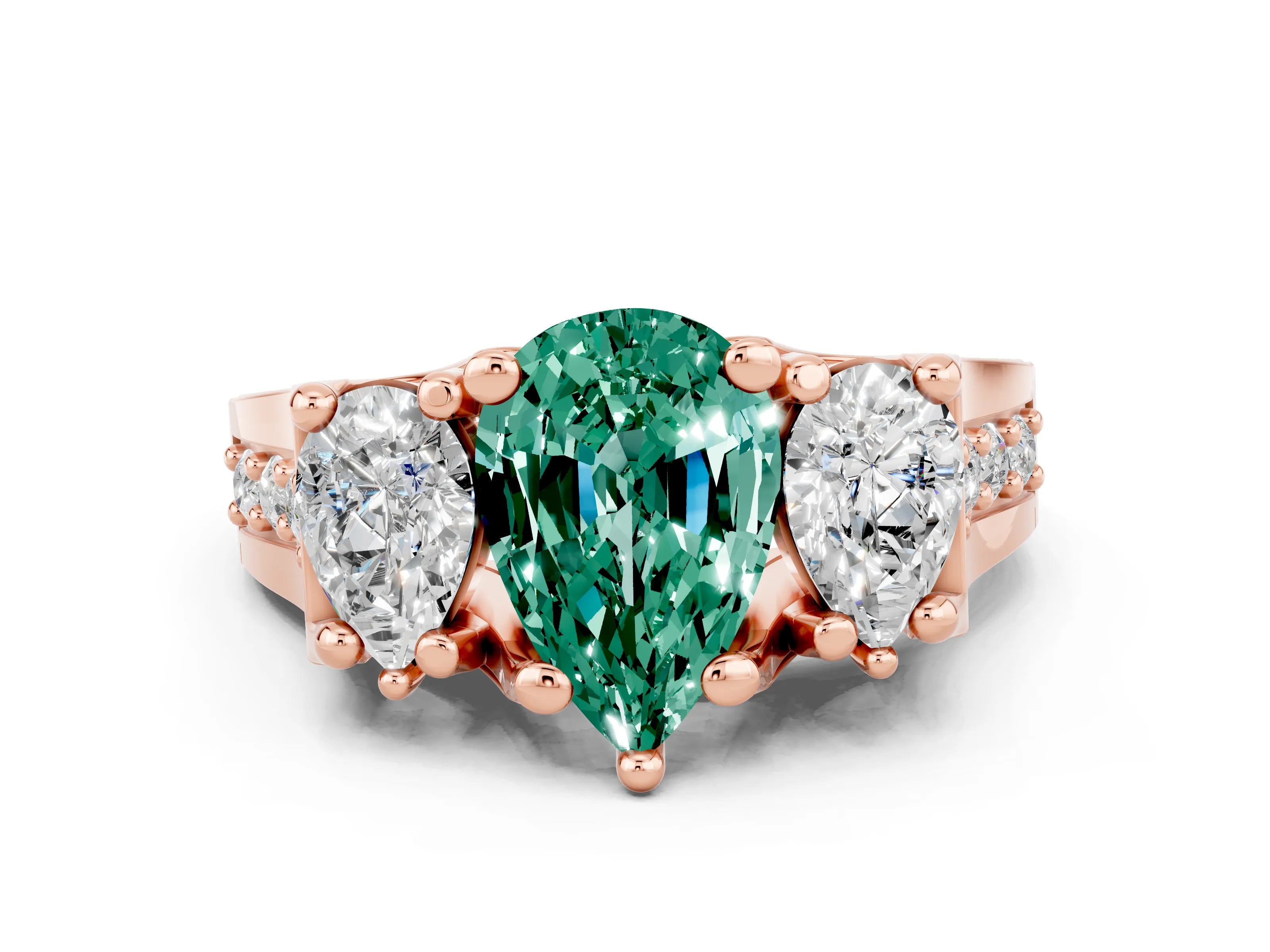 Rose gold Pear Cut Green Sapphire Three-Stone Ring with Channel Set Band and Four-Prong Setting