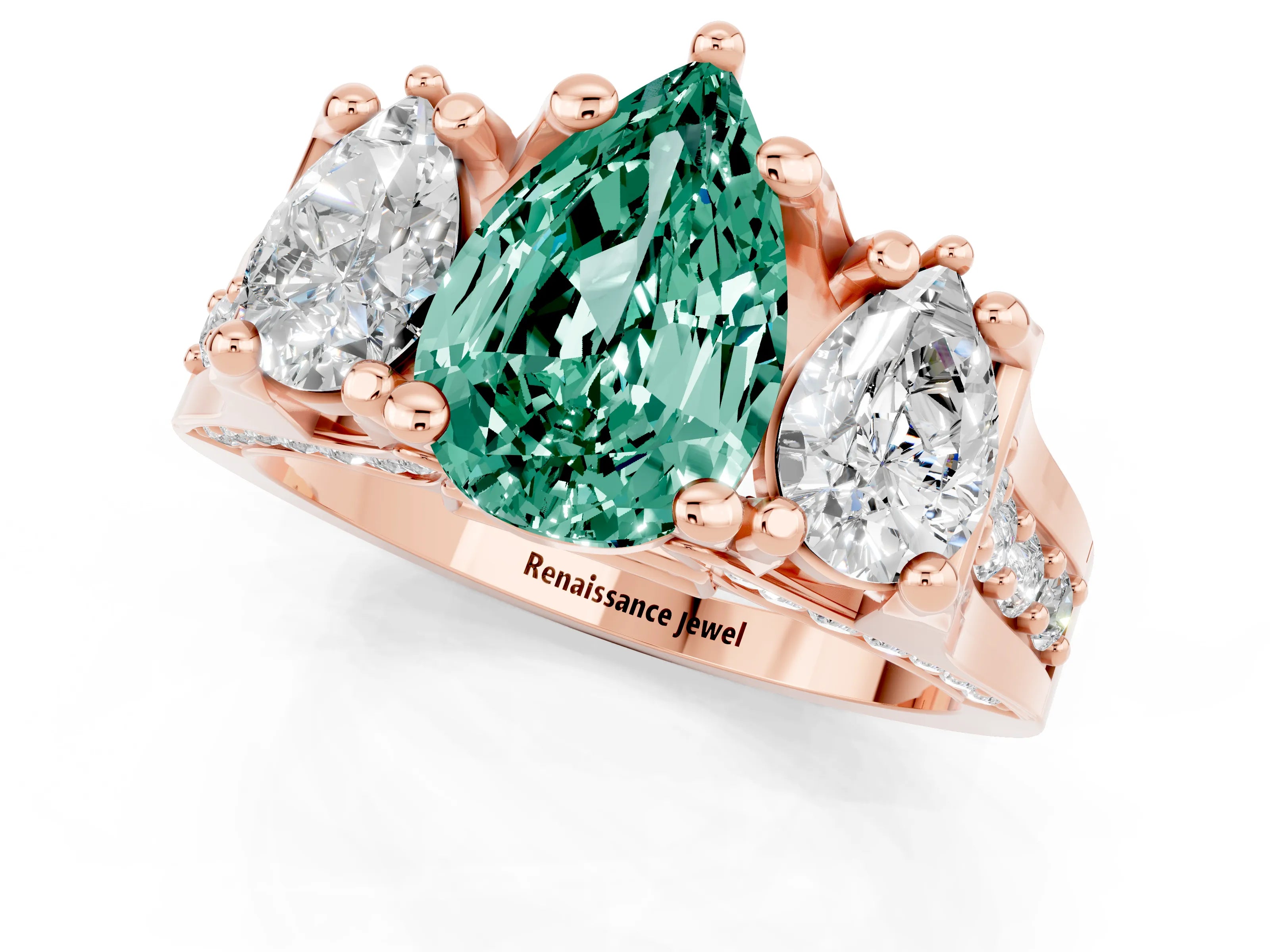Rose gold Pear Cut Green Sapphire Three-Stone Ring with Channel Set Band and Four-Prong Setting_1