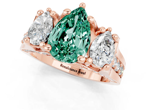 Rose gold Pear Cut Green Sapphire Three-Stone Ring with Channel Set Band and Four-Prong Setting_1