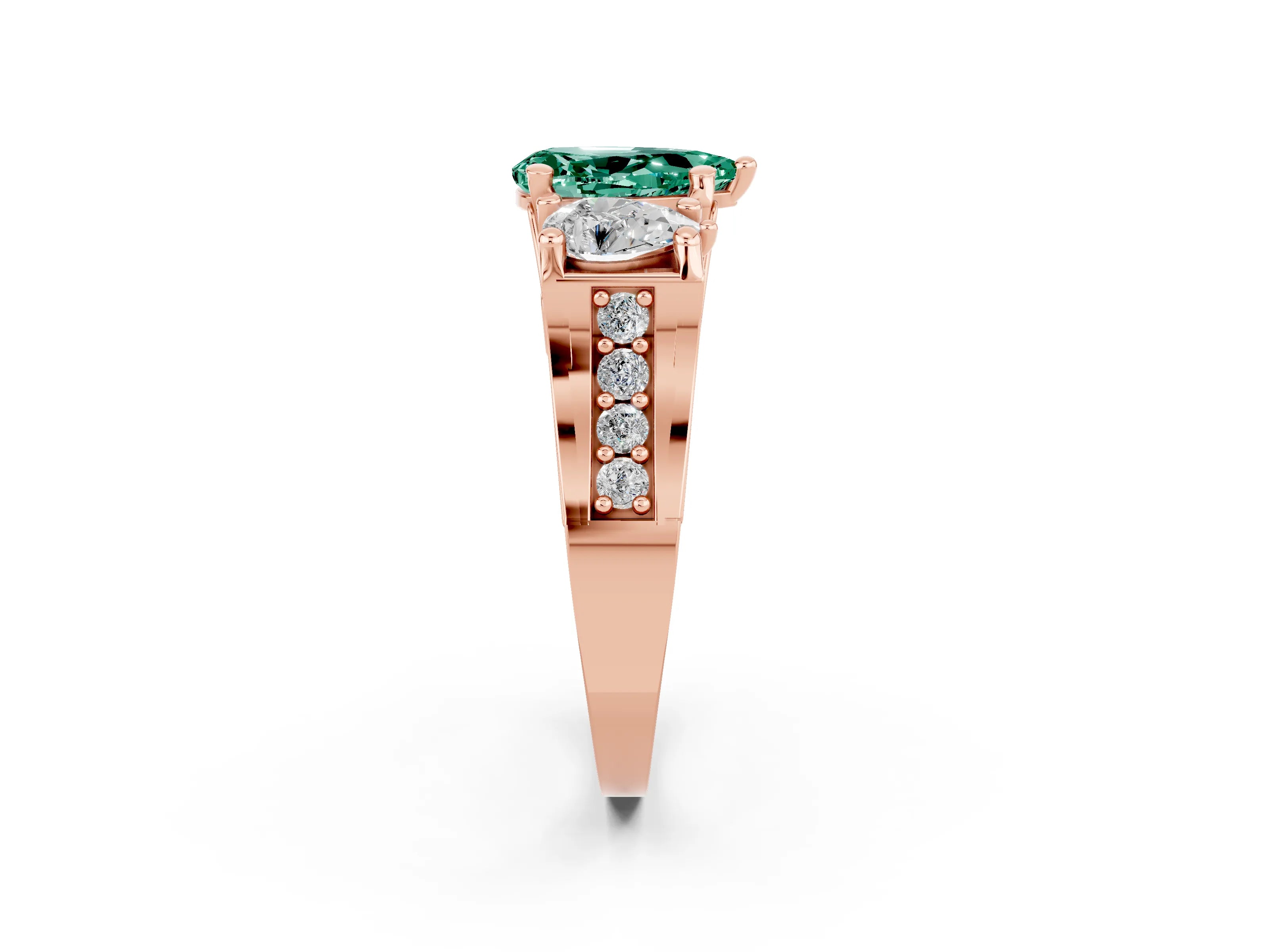 Rose gold Pear Cut Green Sapphire Three-Stone Ring with Channel Set Band and Four-Prong Setting_2
