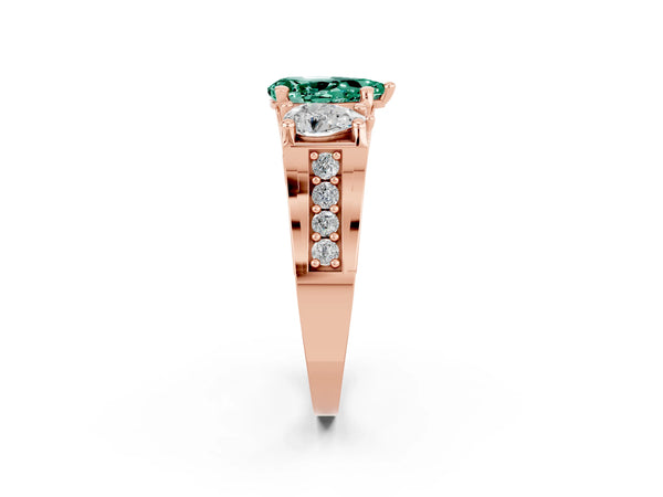 Rose gold Pear Cut Green Sapphire Three-Stone Ring with Channel Set Band and Four-Prong Setting
