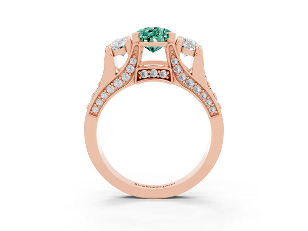 Rose gold Pear Cut Green Sapphire Three-Stone Ring with Channel Set Band and Four-Prong Setting