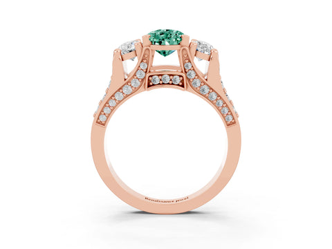 Rose gold Pear Cut Green Sapphire Three-Stone Ring with Channel Set Band and Four-Prong Setting_3