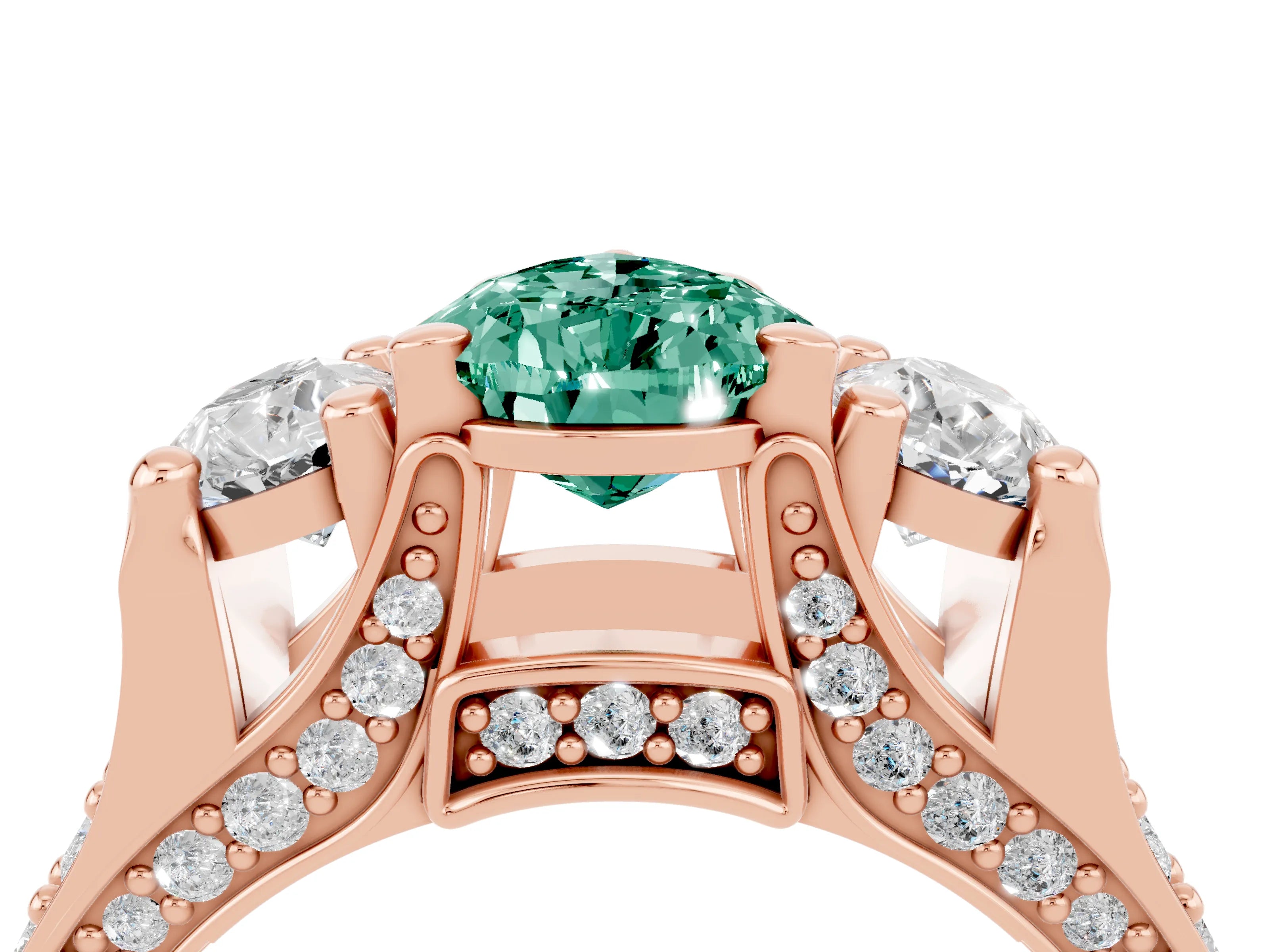 Rose gold Pear Cut Green Sapphire Three-Stone Ring with Channel Set Band and Four-Prong Setting_4