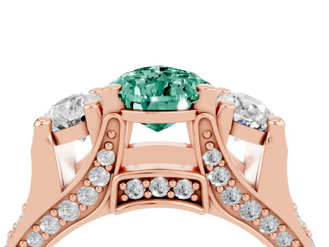 Rose gold Pear Cut Green Sapphire Three-Stone Ring with Channel Set Band and Four-Prong Setting_4