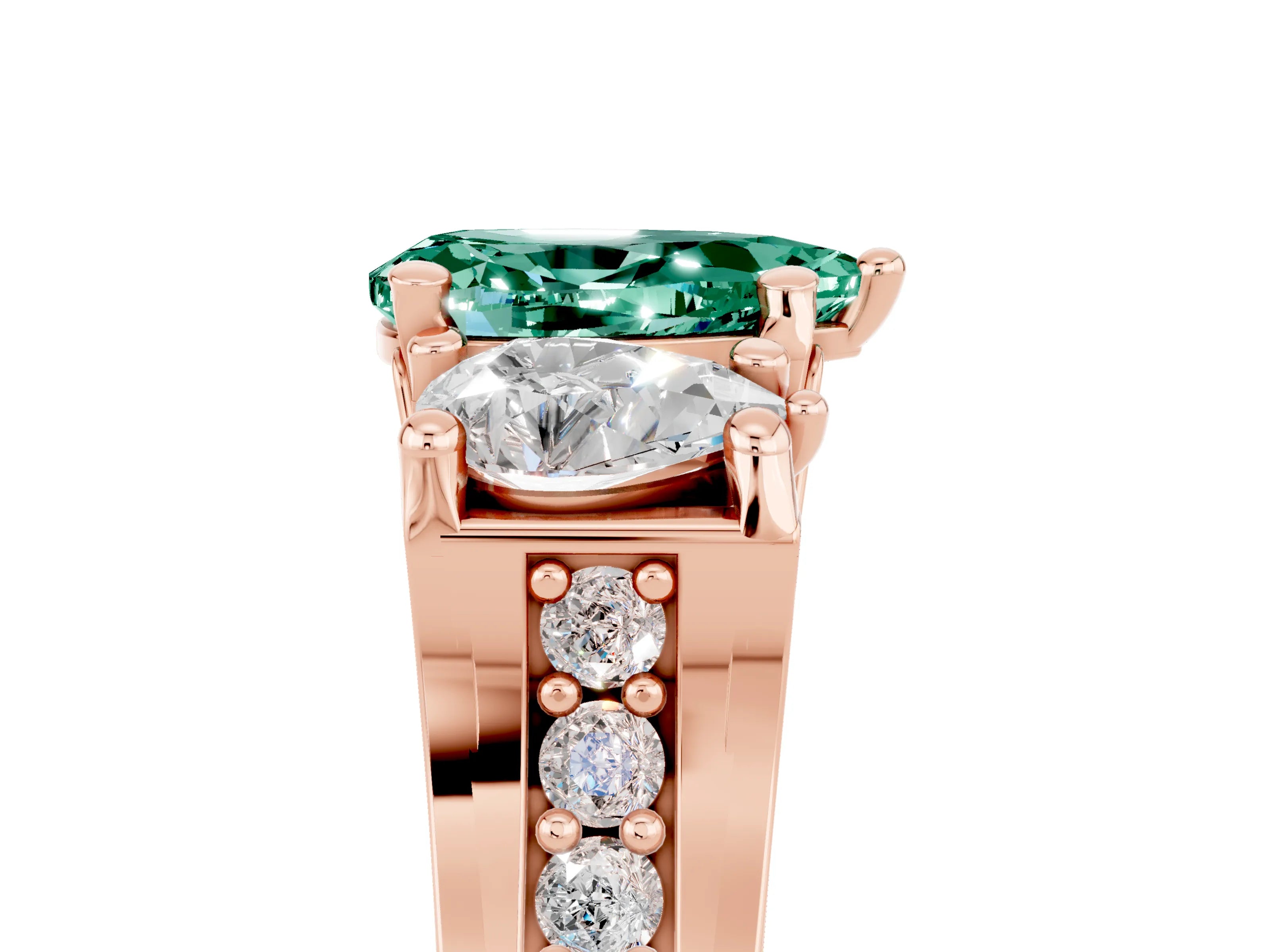 Rose gold Pear Cut Green Sapphire Three-Stone Ring with Channel Set Band and Four-Prong Setting_5