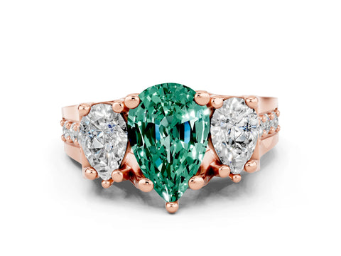 Rose gold Pear Cut Green Sapphire Three-Stone Ring with Channel Set Band and Four-Prong Setting