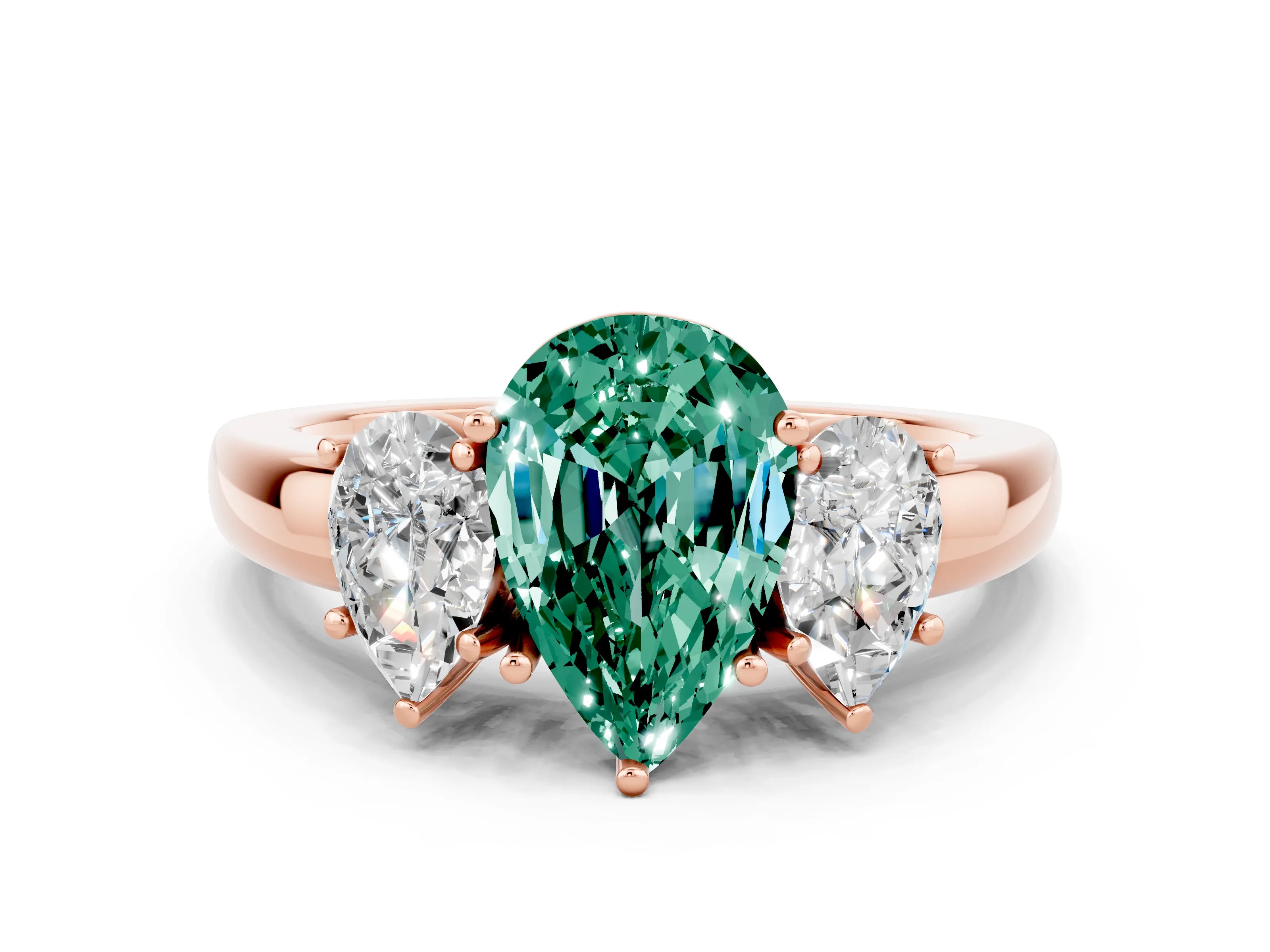 Rose gold Pear Cut Green Sapphire Three-Stone Ring with Four-Prong Setting and Classic Band