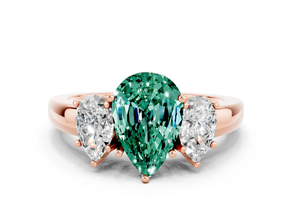Rose gold Pear Cut Green Sapphire Three-Stone Ring with Four-Prong Setting and Classic Band