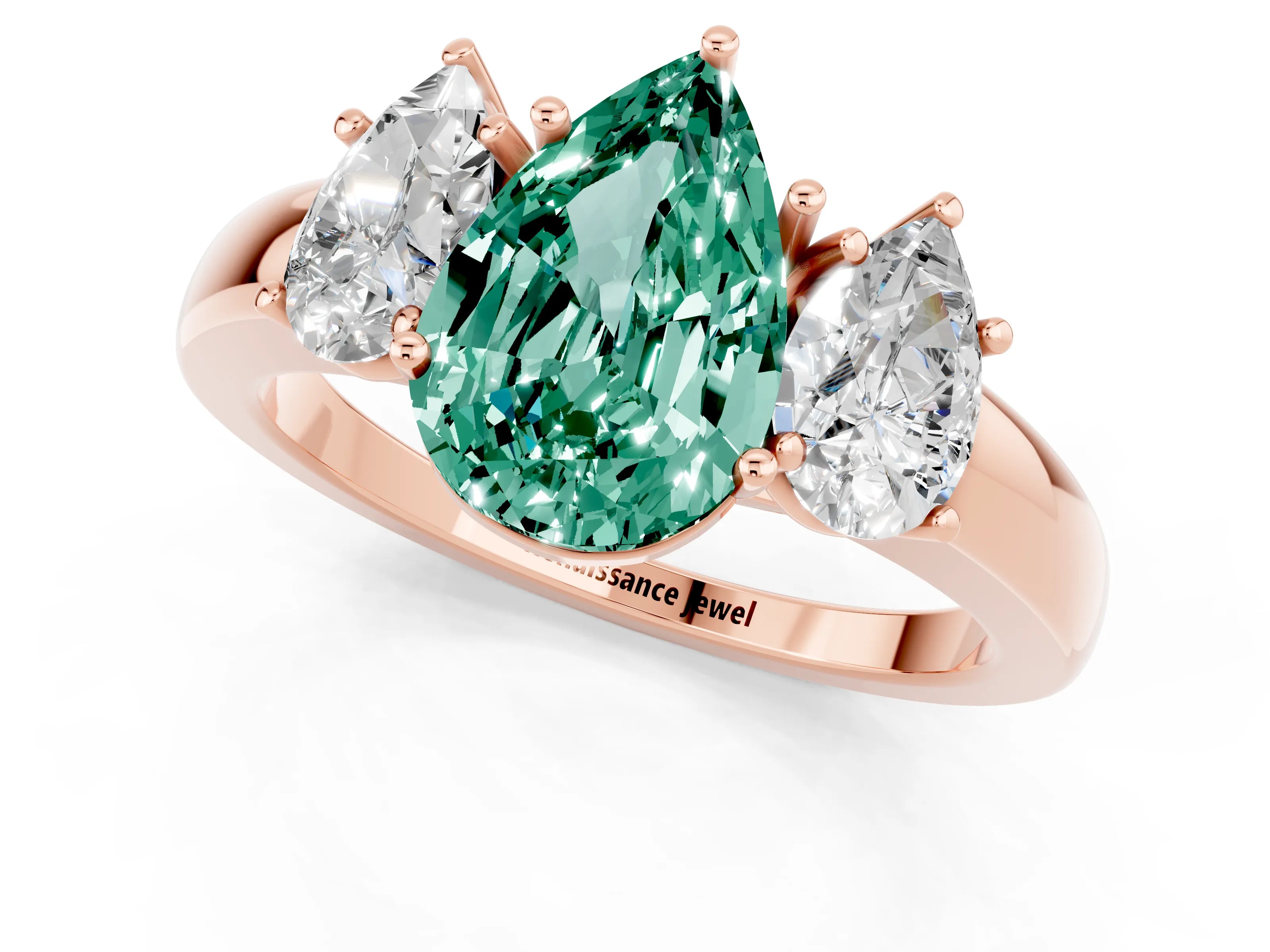 Rose gold Pear Cut Green Sapphire Three-Stone Ring with Four-Prong Setting and Classic Band_1